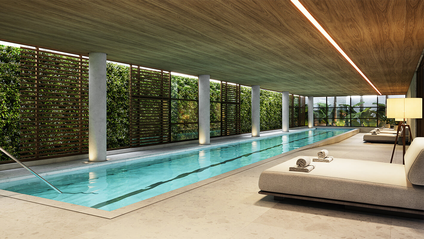 Ilustração artística da piscina coberta climatizada com raia de 25 metros